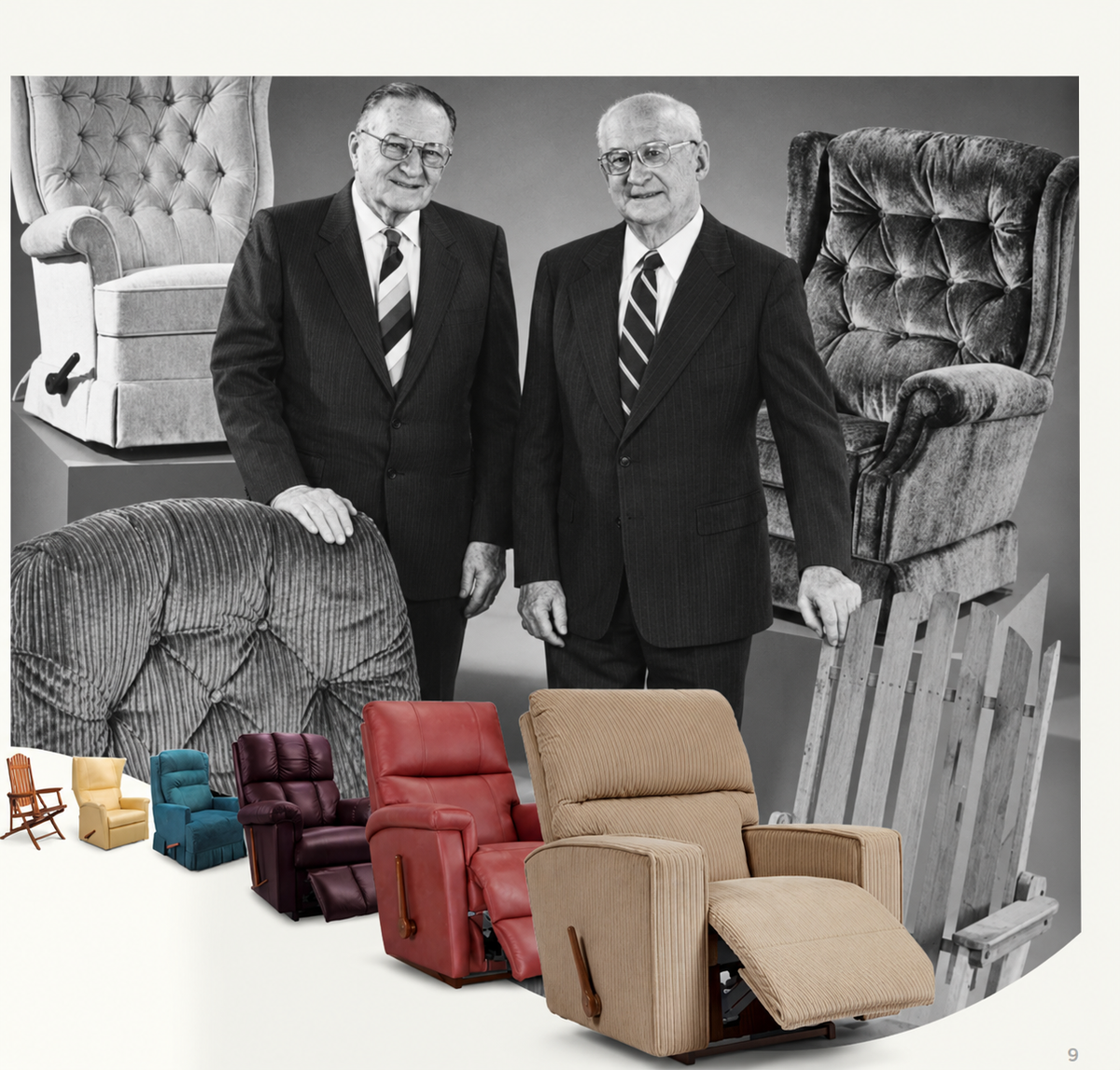 La-Z-Boy founders Edwin Shoemaker and Edward Knabusch, with recliners through the years