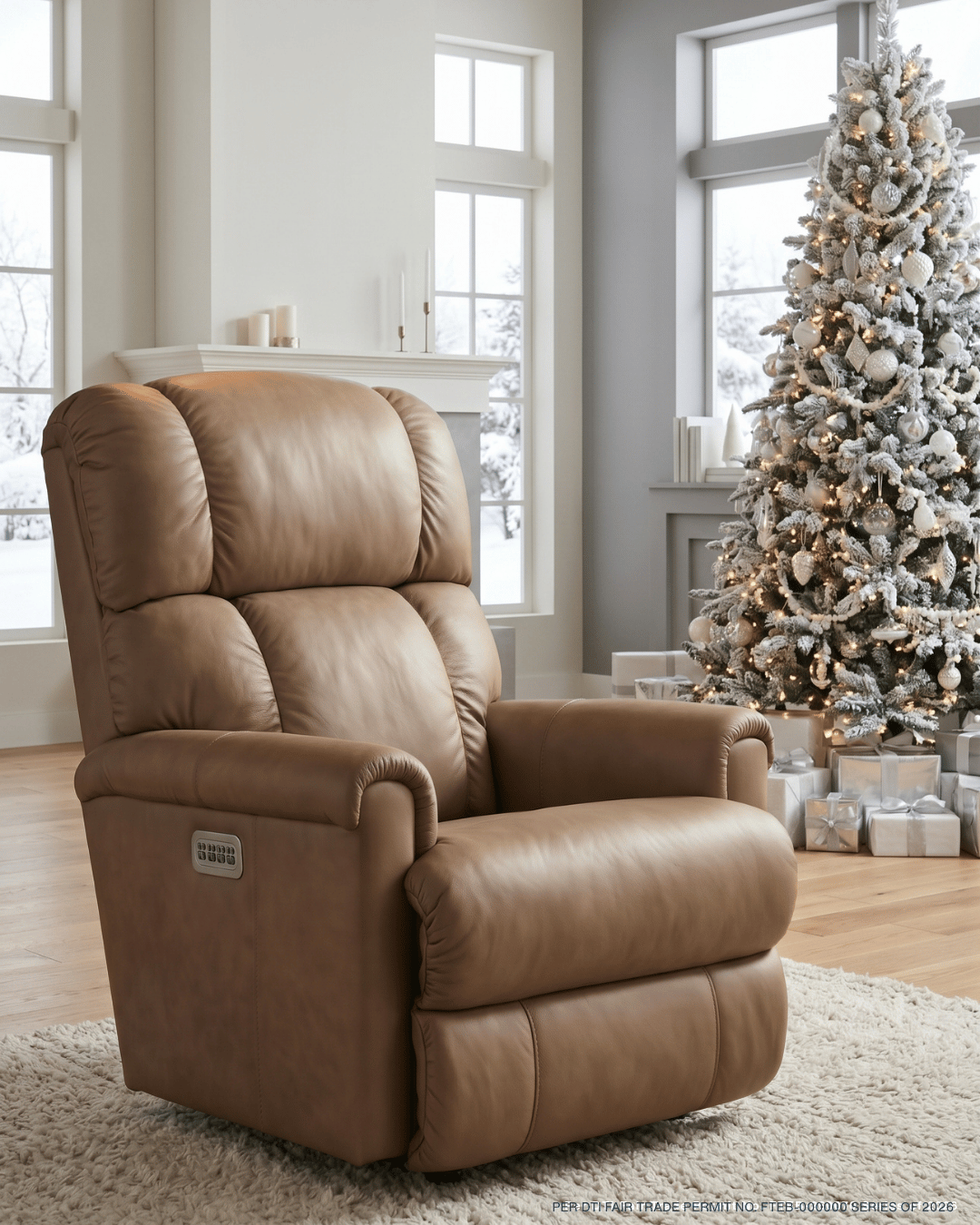 A tan leather recliner beside a decorated Christmas tree and wrapped gifts in a bright, cozy living room.