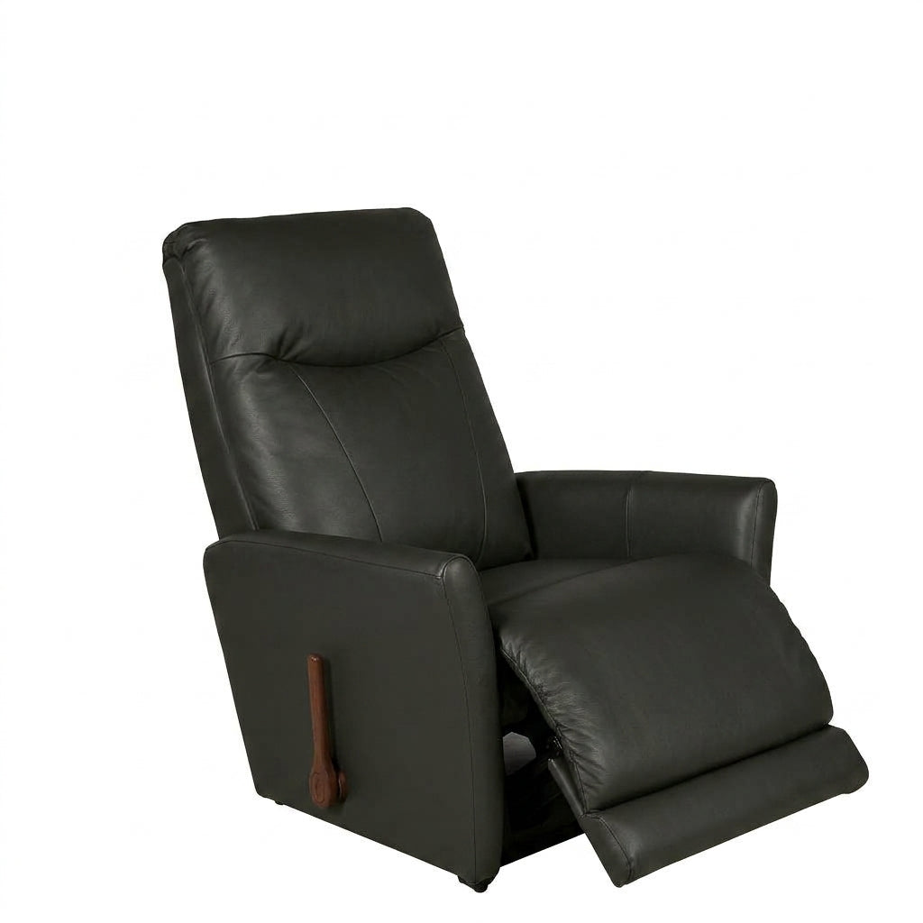 Black leather rocker recliner with padded armrests and built-in footrest