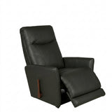 Black leather rocker recliner with padded armrests and built-in footrest