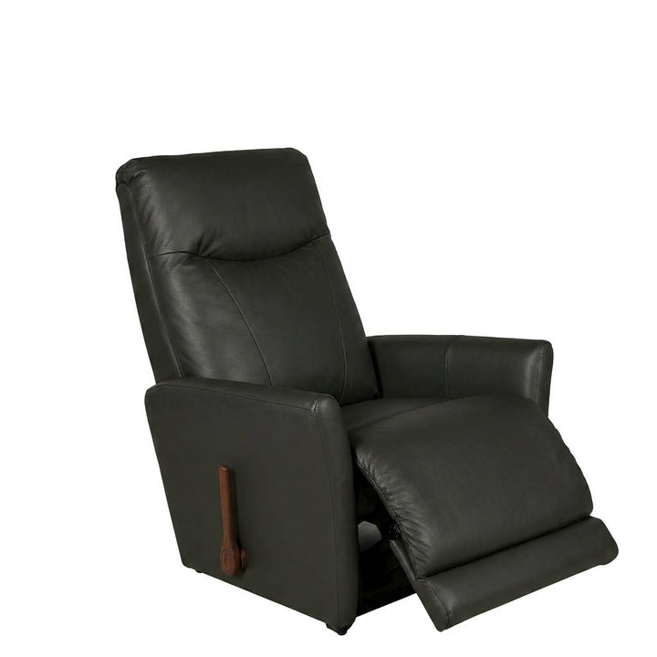Black leather rocker recliner with padded armrests and built-in footrest