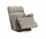 Stone light beige full leather rocker recliner with padded headrest and reclined seat
