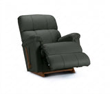 Black full leather rocker recliner with padded arms, backrest, and wood base
