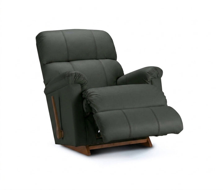 Black full leather rocker recliner with padded arms, backrest, and wood base