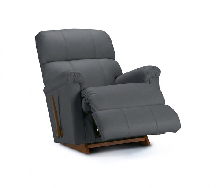 Storm gray full leather rocker recliner with padded armrests, reclining seat, wood base