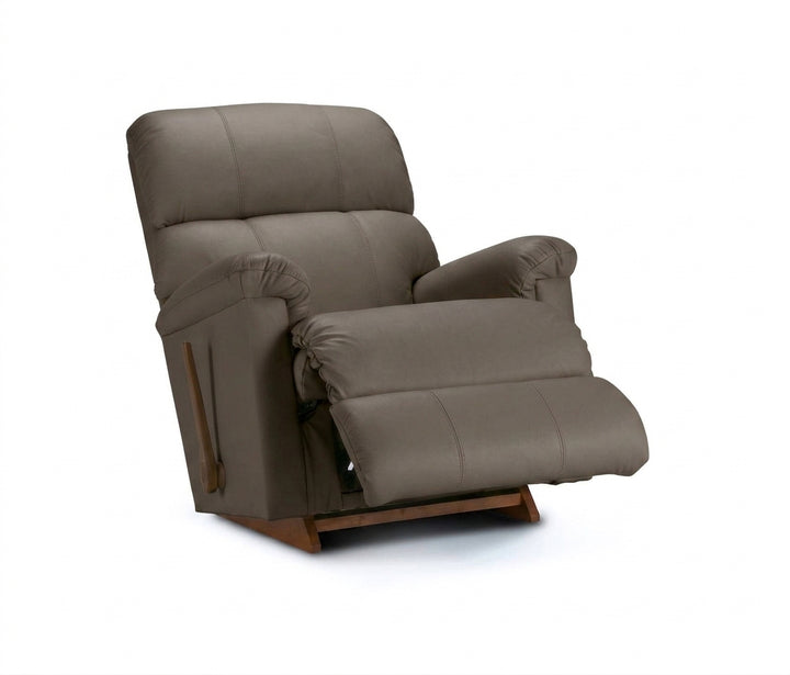 Pebble brown full leather rocker recliner with padded arms, reclined seat, wood base