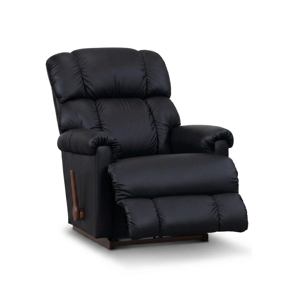 Black full leather rocker recliner with padded headrest and armrests