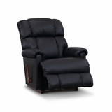 Black full leather rocker recliner with padded headrest and armrests