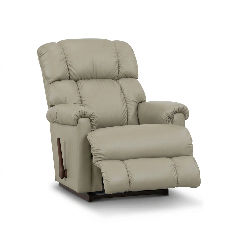 Cream full leather rocker recliner with padded headrest, side pull, and armrests