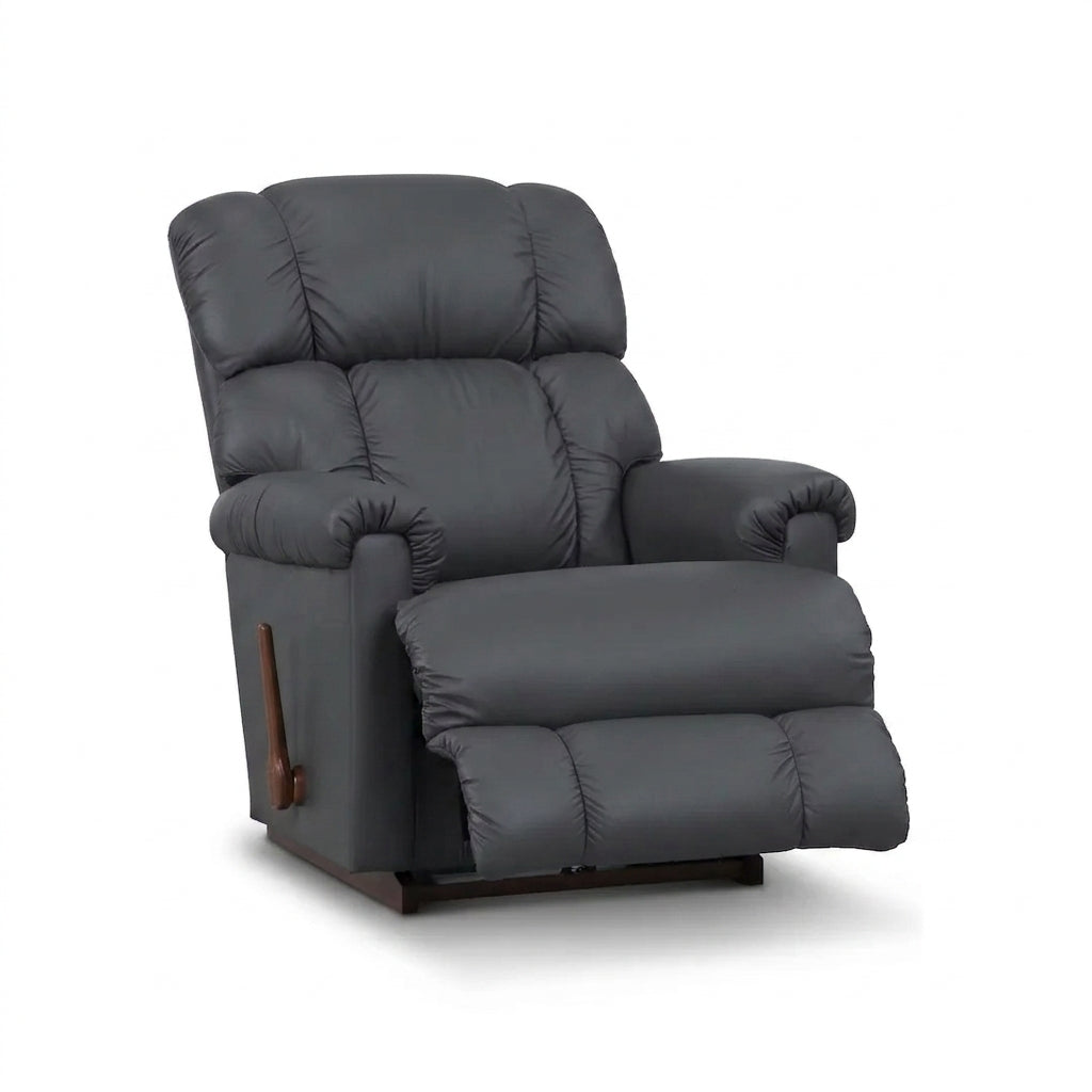 Gray-blue full leather rocker recliner with padded headrest and reclining seat