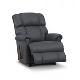 Gray-blue full leather rocker recliner with padded headrest and reclining seat