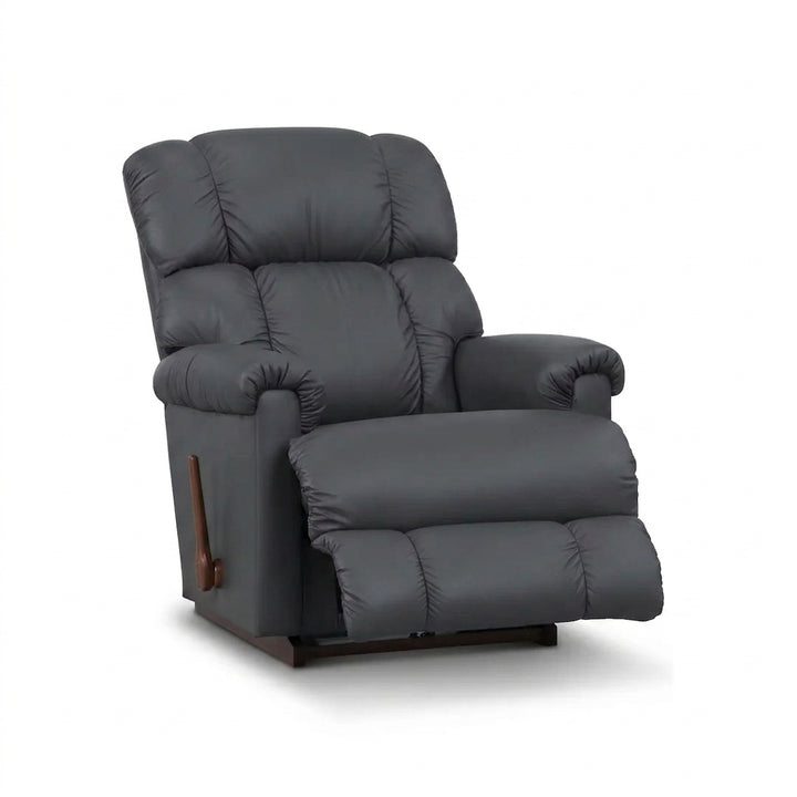 Gray-blue full leather rocker recliner with padded headrest and reclining seat