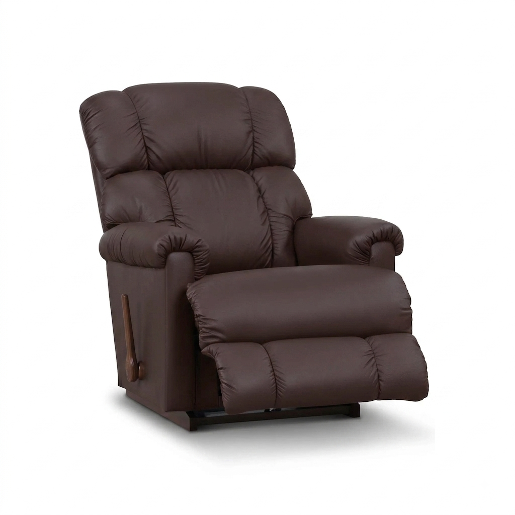 Dark brown full leather rocker recliner with tufted back and curved armrests