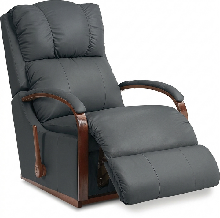 Slate gray full-leather rocker recliner with padded headrest, curved arms, and extended ottoman