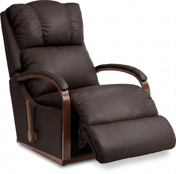 Dark brown full-leather rocker recliner with tufted headrest and curved wooden armrests