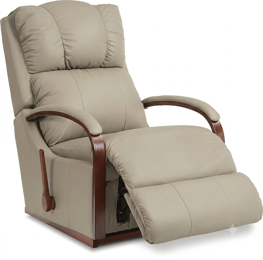 Light beige full-leather rocker recliner with padded headrest, curved armrests, and reclined ottoman
