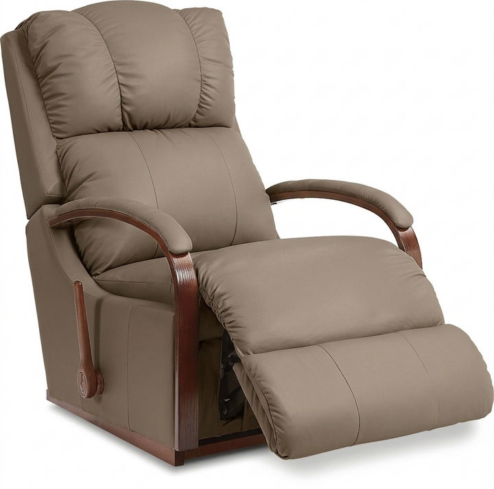 Mushroom beige full-leather rocker recliner with tufted headrest and curved armrests