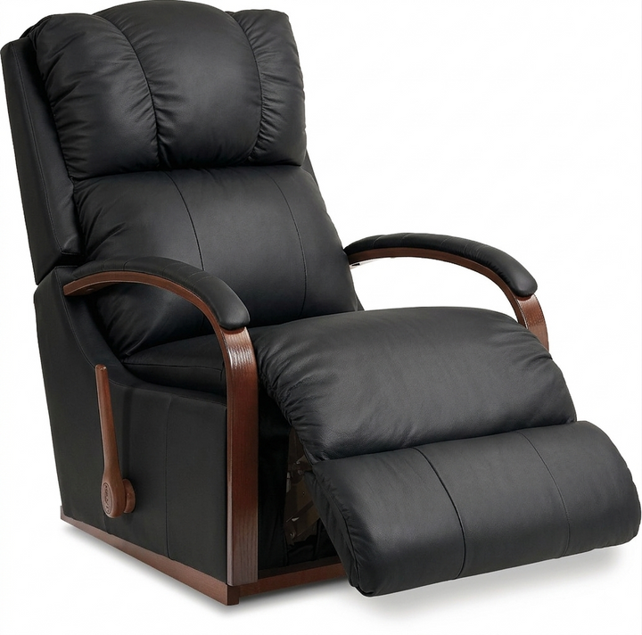 Black full-leather rocker recliner with padded headrest, curved armrests, and footrest