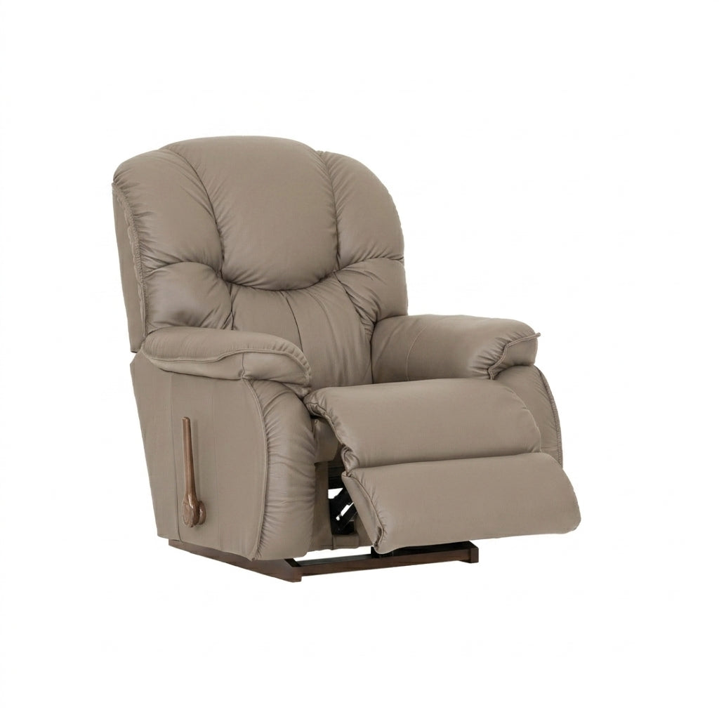 Mushroom full leather rocker recliner with padded arms, button-tufted back, and footrest