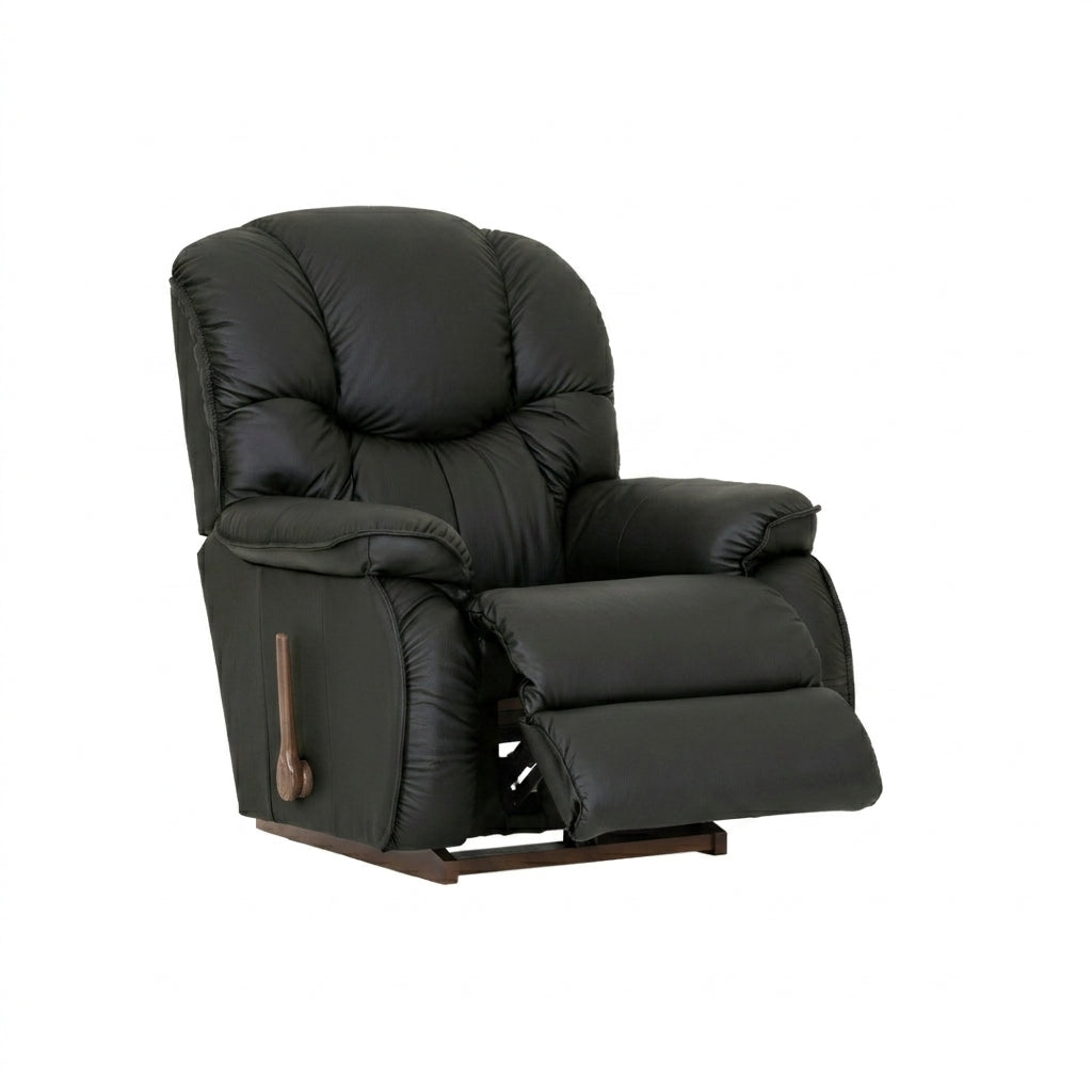 Black full leather rocker recliner chair with padded armrests and flip-out footrest
