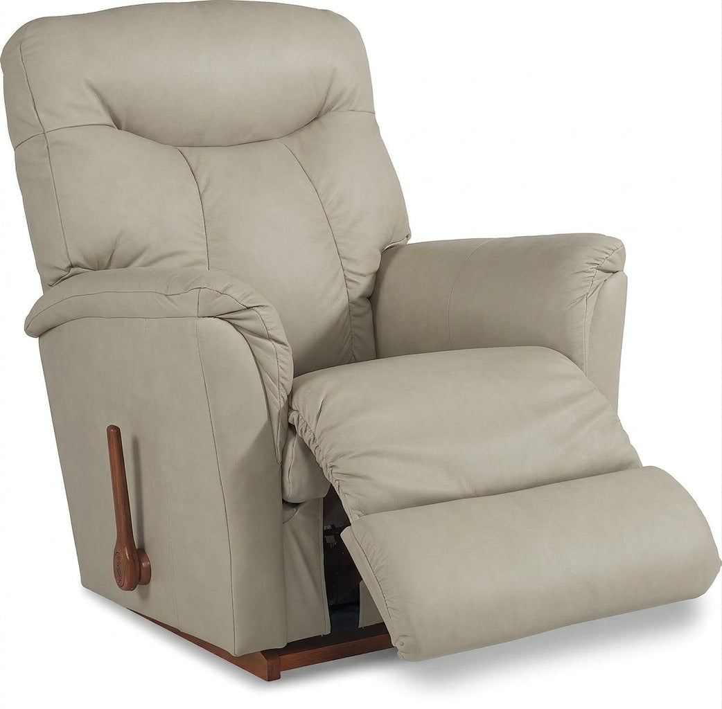 Cloud leather rocker recliner with padded arms, recline chaise and side handle
