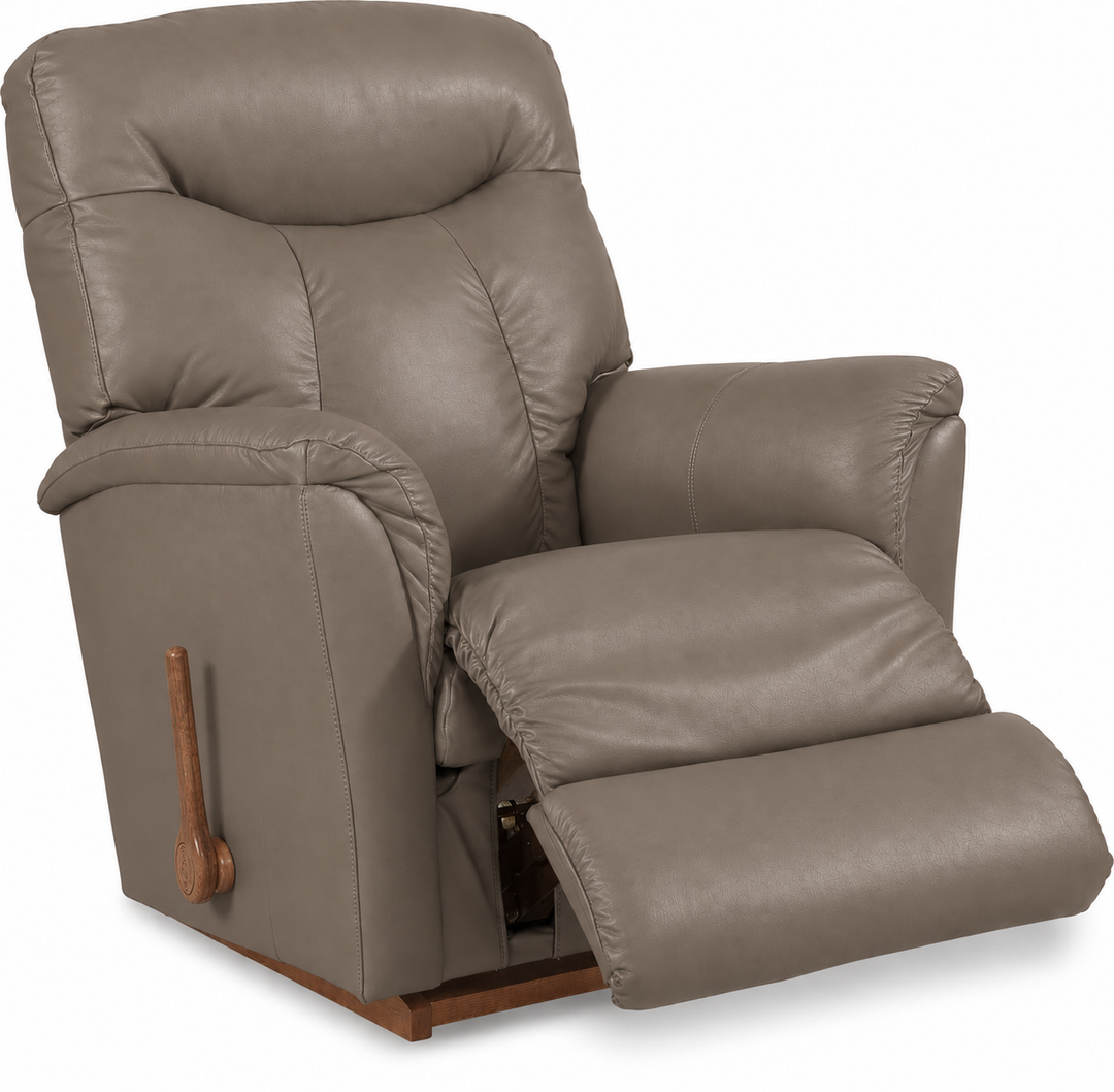 Pebble leather rocker recliner with padded arms, recline ottoman and side lever