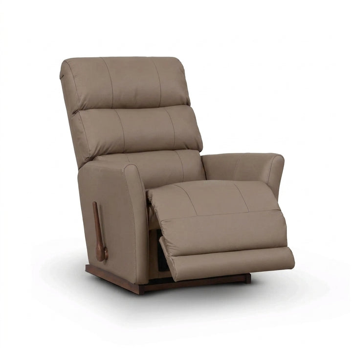 Gray-brown leather rocker recliner with padded arms, reclining seat, and wooden base