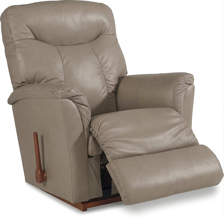 Mushroom leather rocker recliner with cushioned arms, recline seat and side handle