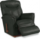 Black leather rocker recliner with padded arms and recline footrest, side handle