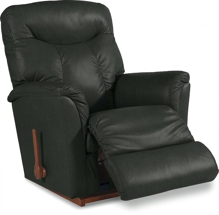 Black leather rocker recliner with padded arms and recline footrest, side handle