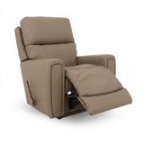 APOLLO leather rocker recliner in mushroom, padded arms, reclining footrest, wood side trim