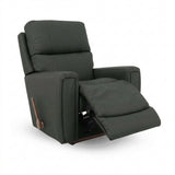 APOLLO leather rocker recliner with dark fabric, padded arms, reclining footrest, wood trim