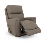 APOLLO leather rocker recliner in pebble, padded arms, reclining seat, wood side trim