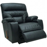 Black leather rocker recliner with armrest cupholders and footrest extension