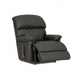 Black leather rocker recliner with padded arms and recline footrest, side handle.
