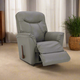 Gray leather rocker recliner with extended footrest and side lever on armrest