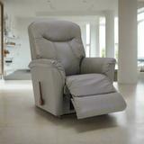 Gray leather rocker recliner reclined with extended footrest and side lever