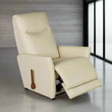 Light cream leather rocker recliner with reclined seat, ottoman extended, wood lever