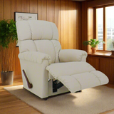 Cream fabric rocker recliner reclined with pull handle and extended leg rest