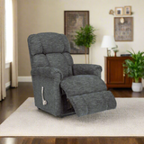 Gray fabric wall recliner with padded arms, extended footrest, and side control lever