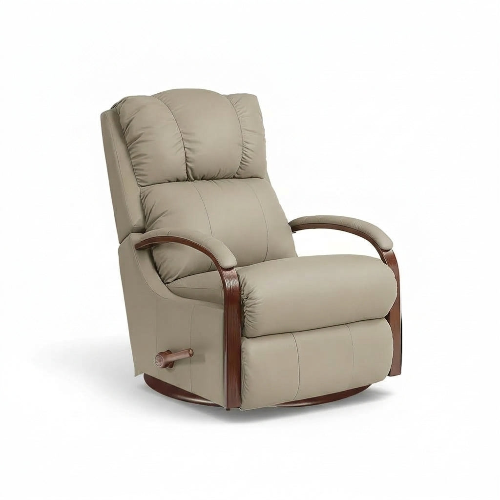 Light beige leather swivel recliner with tufted headrest, padded arms, and glider base