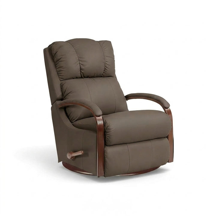 Taupe leather swivel recliner with tufted headrest, padded arms, and glider base