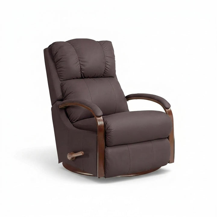 Dark brown leather swivel recliner with padded headrest and armrests, glider base