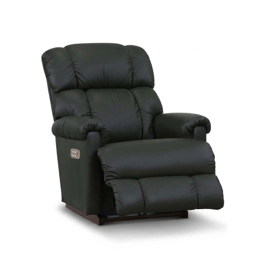 Black full-leather power rocker recliner with padded armrests and cushioned recline base
