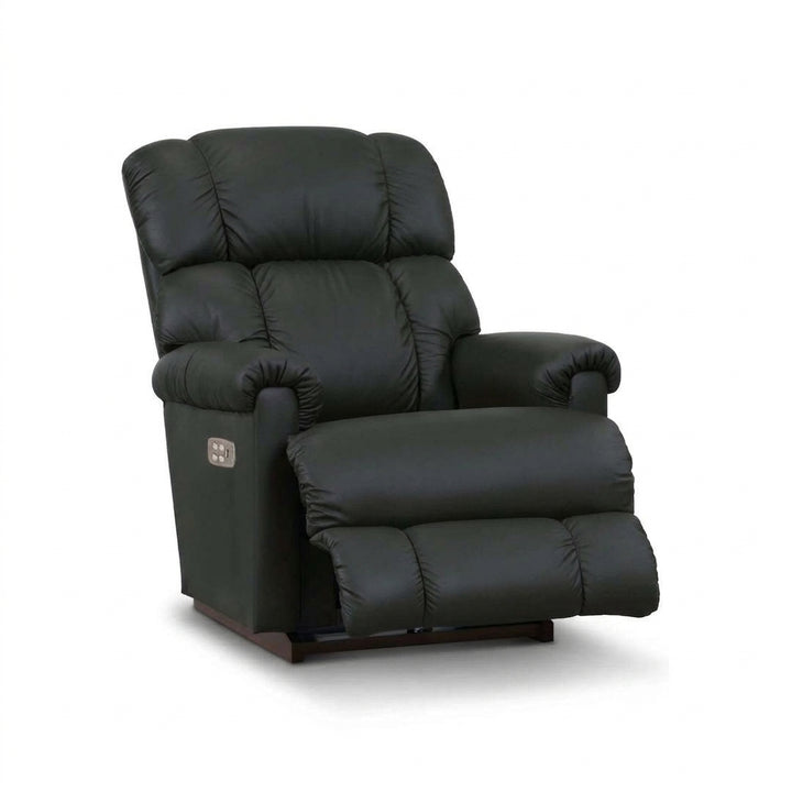 Black full-leather power rocker recliner with padded armrests and cushioned recline base
