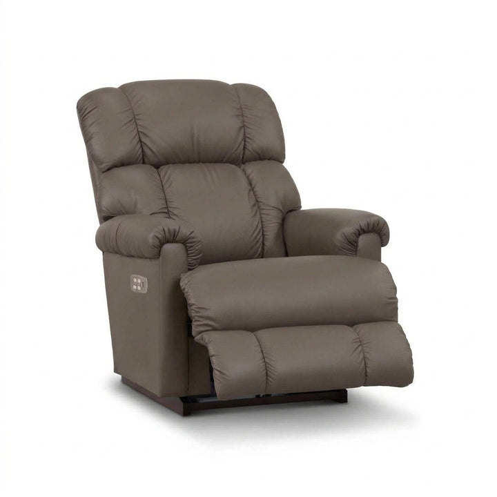 Mushroom-toned full-leather power rocker recliner with thick seat and recline base