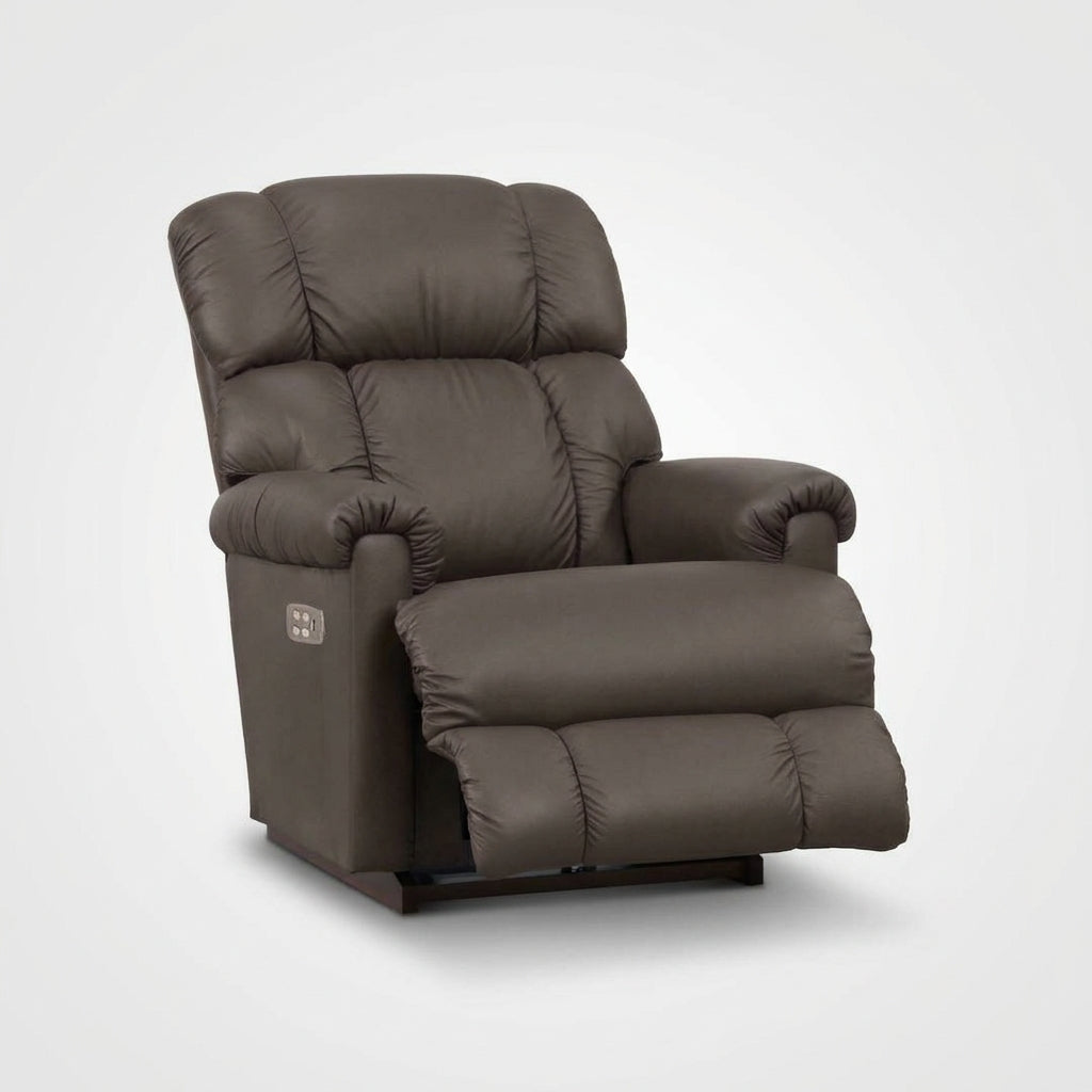 Dark brown full-leather power rocker recliner with tufted back and padded armrests