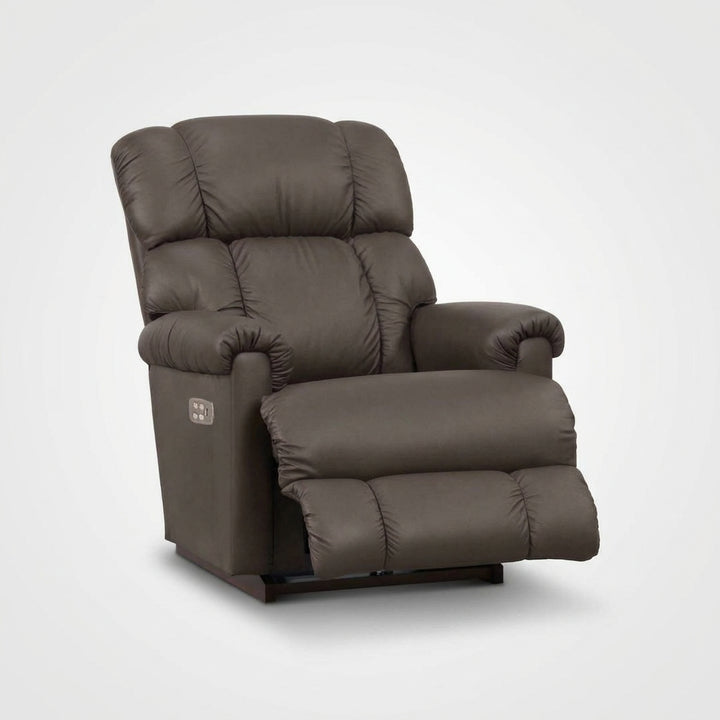 Dark brown full-leather power rocker recliner with tufted back and padded armrests