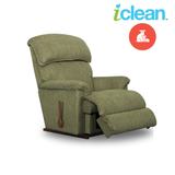 Olive green fabric rocker recliner chair with pull handle and extended footrest