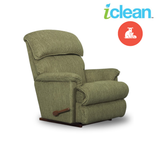 Olive green fabric rocker recliner chair with padded headrest and console handle